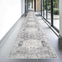 Bungalow Rose Washable Hallway Runner Rug - Extra Long Vintage Non Slip Stain Resistant Rug for Entryway Hall Kitchen Indoor Soft Living Room Bedroom Carpet Durable Low Pile Home Decor Floor Mat 3'x25' Grey $299