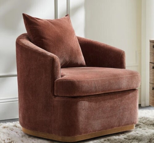 Wade Logan Berklie 31"W Modern Chenille Swivel Barrel Chair with Unique Arms and Solid Wood Legs in Rust New in Box $799