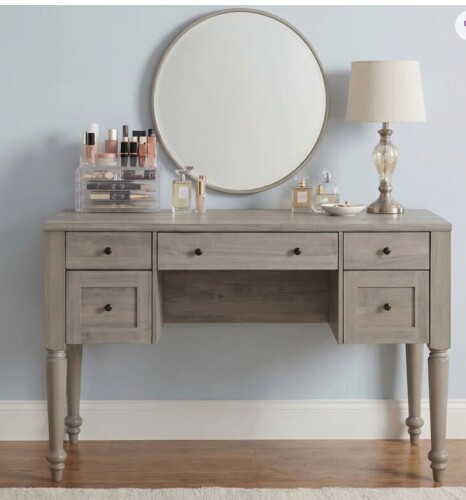 Charlton Home Corretta 56" Spacious Vanity Desk With 5 Drawers, Charging Station, Rear Cabinet, Open Shelf, Wash Gray, No Mirror $699
