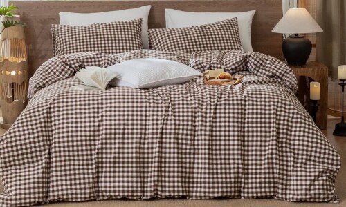 MooMee Gingham 3-Piece Full Size Duvet Cover Set 100% Washed Cotton Linen Like Lightweight New In Box $199