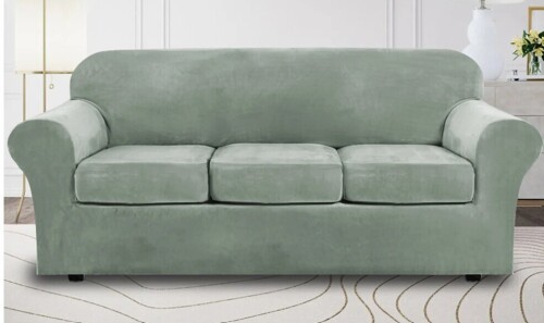 Mercer41 Modern Soft Velvet Plush 4 Piece High Stretch Sofa Slipcover Furniture Protector Luxury Thick Velvet Sofa Cover for 3 Cushion Couch Machine Washable, 55'' H X 95'' W X 33'' D $99