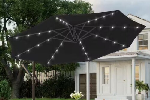JOYESERY 10 ft. Patio Offset Solar LED Umbrellas 50-Plus UV Protection Cantilever Outside Umbrellas, Black New In Box $299