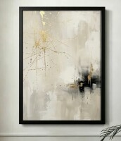 Ebern Designs Gold Splatter Lines and Dots on a Textured Beige Background, Modern Abstract Style, 24" x 36" Black Framed Canvas Wall Art New In Box $199