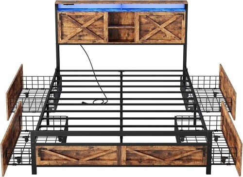 YATINEY Farmhouse Queen Bed Frame with 4 Storage Drawers, LED Lights and Charging Station, Wooden Bed Frame Queen Size with Headboard, Metal Platform, No Box Spring Needed, for Bedroom, Rustic Brown, New in Box $399