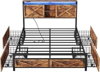 YATINEY Farmhouse Queen Bed Frame with 4 Storage Drawers, LED Lights and Charging Station, Wooden Bed Frame Queen Size with Headboard, Metal Platform, No Box Spring Needed, for Bedroom, Rustic Brown, New in Box $399