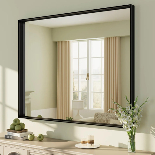 Orren Ellis Aevar 40" x 32" Tempered Glass and Aluminum Alloy Framed French Cleat Mounted Wall Mirror, Matte Black, New in Box $299