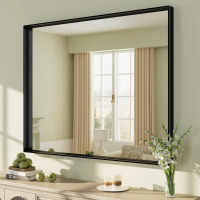 Orren Ellis Aevar 40" x 32" Tempered Glass and Aluminum Alloy Framed French Cleat Mounted Wall Mirror, Matte Black, New in Box $299