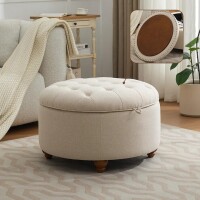 WUTUTUEE 30" Round Storage Ottoman with Tray, Modern Tufted Fabric Circle Coffee Table with Storage, Upholstered Ottoman with Removable Top, Khaki, New in Box $299