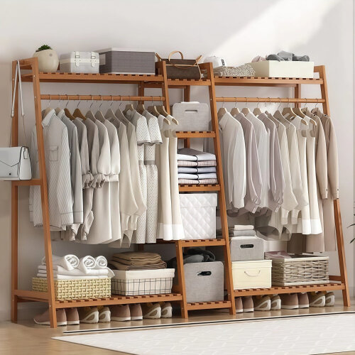 Rebrilliant Nardine Bamboo Luxury 75" W Garment Rack Storage Shelf Coat Clothes Hanging Rack $299