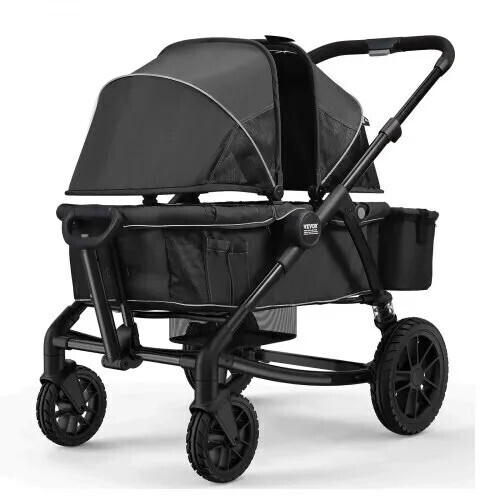 VEVOR All-Terrain Stroller Wagon, 2 Seats Foldable Expedition 2-in-1 Collapsible Wagon Stroller, Includes Canopy, Parent Organizer, Snack Tray & Cup Holders, 55lbs for Single Seat, Black, New in Box $299