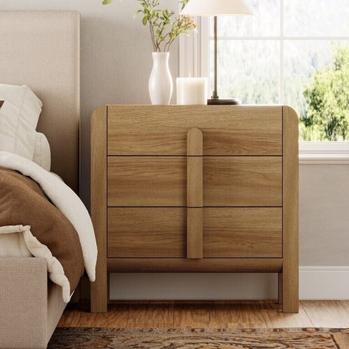 WAMPAT Mid-Century Modern Wood Nightstand with 3 Drawers, 31.5" Large End Table, Curved Bedside Table Storage Cabinet, New in Box $399