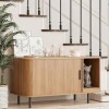 Vabches Natural Oak Modern Litter Box Enclosure Cabinet with Fluted Sliding Door and Scratch Pad, New in Box $299
