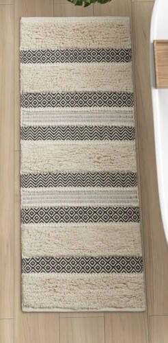 INK+IVY Asher Black Cotton Blend Hand-Woven Texture 22"x58'' Bath Rug with Non-Slip Backing New $79
