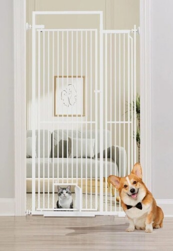 Latitude Run&reg; 78.3" Extra Tall Pet Gate for Cat Dog, 30"-32"/40"-42" Wide Baby Gate with Cat Door, NO Drilling Pressure Mounted for Doorways, Stairs, Hallways, 1.34" Narrow Bar Spacing, White New In Box $299