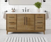 Eviva Graham 
60 
in. 
Oak 
Single 
Sink 
Bath 
Vanity 
with 
Arabescato 
Engineered 
Stone 
Top 
and 
Undermount 
Porcelain 
Sink New Shelf Pull $1499