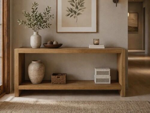 Rosalin Wheelr Farmhouse Console Table with Wood Veneer and 2-Tier Storage New in Box $599