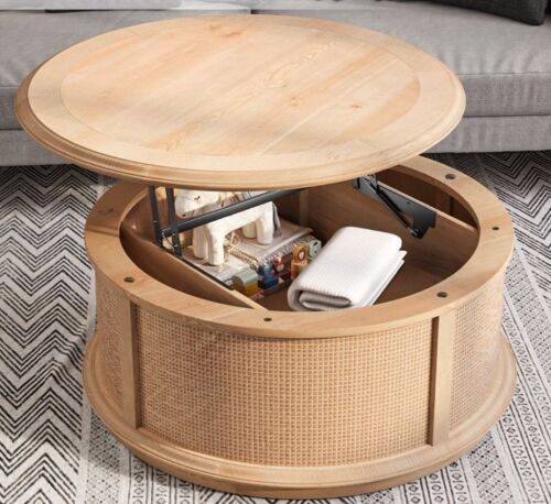 Dextrus Multifunctional Breeze Round Coffee Table, Rattan Lift-Top Coffee Table, Natural Wood Color New in Box $399
