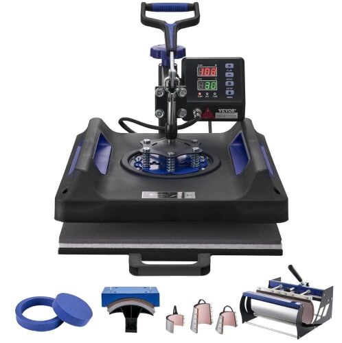 VEVOR Heat Press Machine, 15 x 15 inch, 8 in 1 Heat Transfer Machine with 30 oz Tumbler Press, 360&deg; Swing Away Digital T-Shirt Pressing, Teflon Coating, for T-Shirts/Mugs/Hats/Plates, Black+Blue New in Box $399