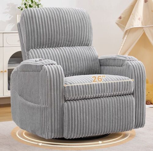 BaseBeauty 26" Swivel Electric Recliner, Swivel Rocker Recliner with Cup Holders and Storage, Nursery Recliner Glider Chair with Adjustable Headrest, Gray New in Box $899