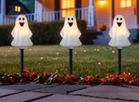Northlight 13" Lighted Ghost Shaped Halloween Outdoor Pathway Markers - White - Set of 5 / EsschertDesign 17.4'' Battery Powered Integrated LED Globe Lantern New In Box Assorted $79