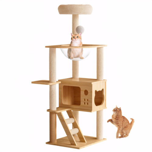 Ebern Designs 48.8 Inch Modern Wooden Cat Tower with Sisal-Covered Scratching Posts, Top Perch, and Acrylic Hammock for Indoor Cats New Shelf Pull $199