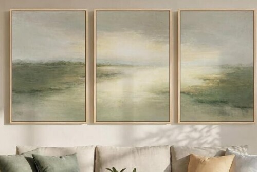 Cuspin Large Framed Sage Green Abstract Landscape Wall Art for Living Room, 24x36 Green nature pictures, Canvas print, Wood frame, 3 piece paintings, Modern rustic artwork, Wall decor for bedroom dining room New In Box $299