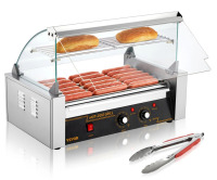 VEVOR Hot Dog Roller 7 Rollers 18 Hot Dogs Capacity 1050W Stainless Sausage Grill Cooker Machine with Dual Temp Control Glass Hood Acrylic Cover Bun Warmer Shelf Removable Oil Drip Tray, ETL Certified New In Box $299