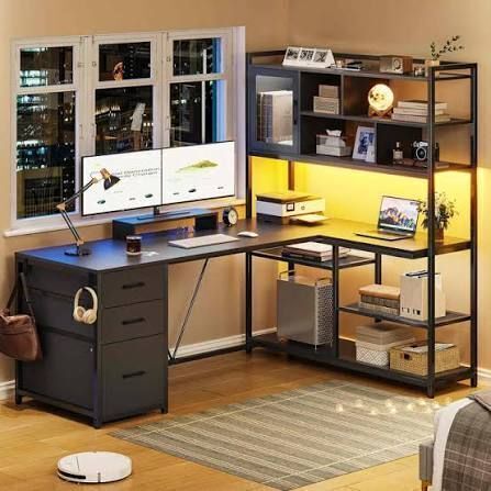 SEDETA 58" L-SHAPED Computer Desk with Storage Shelves and LED Light for Home Office, New in Box $599
