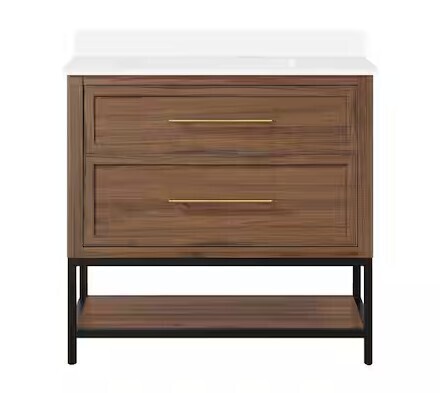 Home Decorators Collection Corley 36 in. Single Sink Freestanding Spiced Walnut Bath Vanity with White Engineered Stone Top (Assembled) New Floor Model $1399