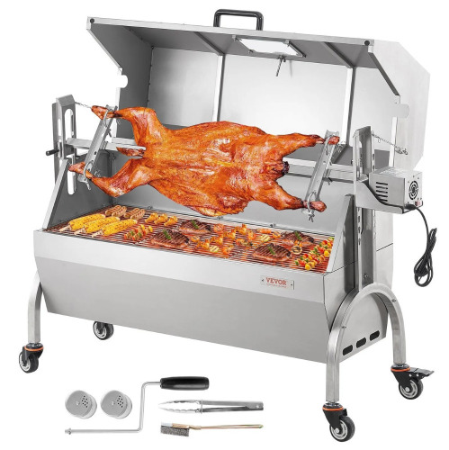 VEVOR Rotisserie Grill with Hooded Cover, BBQ Whole Pig Lamb Goat Charcoal Spit Grill, 46 Inch 132Lbs Capacity, Electric 52W Motor Stainless Steel Roaster with Viewing Window and Lockable Wheels New In Box $699