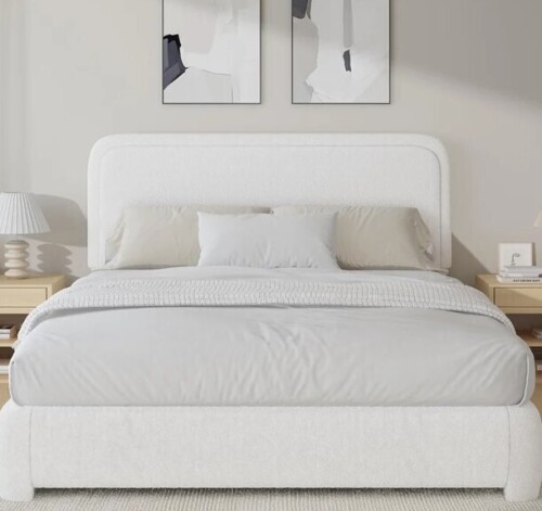 Ebern Designs Boucle Upholstered Bed Frame Soft Rounded Corners Headboard Low Profile Bed Frame No Box Spring Needed Queen size New in Box $599