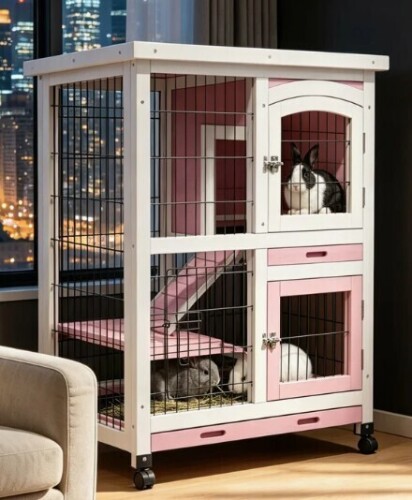 Tucker Murphy Pet Two Layer Wooden Rabbit Hutch Outdoors & Indoors Use With Wheel And Tray, Pink With White New in Box $299