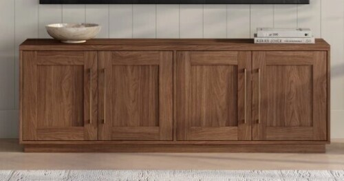 Wade Logan Tillman TV Stand for TVs up to 75" in Satin Walnut with Storage, Adjustable Shelves & Cable Management &mdash; Transitional Media Console with Brass Hardware New in Box $499