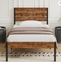 Steelside Alicia Twin Metal Bed Frame with Wooden Headboard & Footboard, Rustic Industrial Farmhouse Platform Bed with Heavy Duty Steel Support, No Box Spring Required, Under Bed Storage, Noise-Free Mattress Foundation, Brown New in Box $299