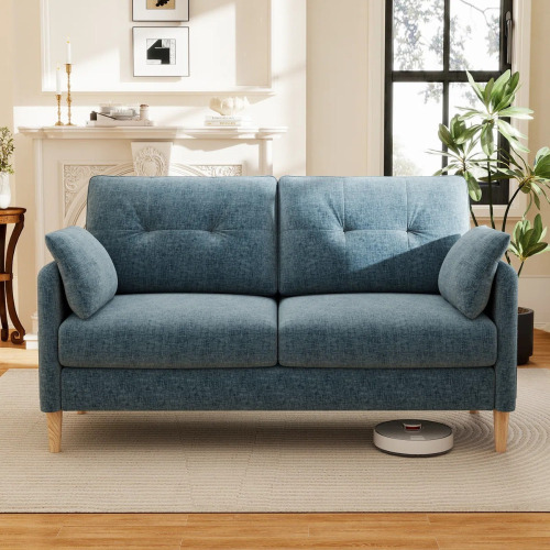 Ebern Designs George 62&rsquo;&rsquo; Chenille Tufted Loveseat Sofa with 2 Pillows And Storage Pockets, Blue, New in Box $699