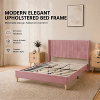 Wade Logan Eriksay Low Profile Upholstered Platform Bed with Wingback Headboard, Queen Size, Pink Velvet, New in Box $399