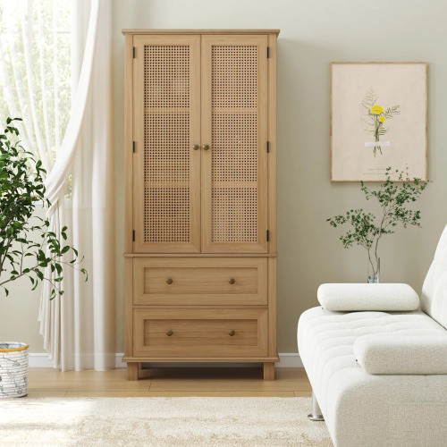 Bay Isle Home Mid Century Modern Wooden Accent Cabinet with 2 Drawers, Tall Rectangle Locker With Faux Rattan And Faux Solid Wood Surface, New in Box $599