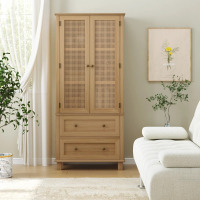 Bay Isle Home Mid Century Modern Wooden Accent Cabinet with 2 Drawers, Tall Rectangle Locker With Faux Rattan And Faux Solid Wood Surface, New in Box $599