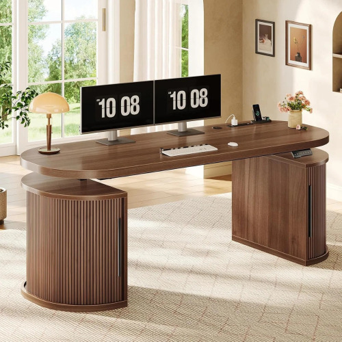 17 Stories 57" Office Desk Electric Height Adjustable Executive Desk Standing Desk with Storage, Brown, New in Box $499