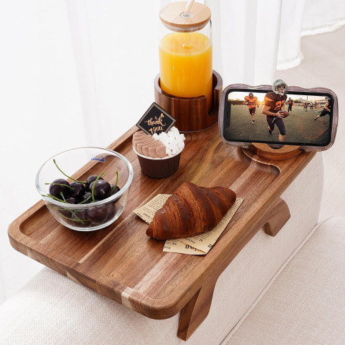 Nnewvante Couch Cup Holder Tray, 3 in 1 Large 15.36"x9.85" Acacia Wood Sofa Arm Clip on Tray Table with 360&deg;Rotated Phone Holder on Armrest New In Box $79