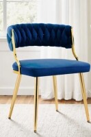 Everly Quinn Christal 2 Piece Velvet Upholstered Dining Chair Set with Tufted Curved Weaved Back and Metal Legs in Navy Blue New in Box $399