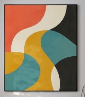 SIGNLEADER Extra Large Wall Art Fabric Print - Retro Color-Block Curved Geometry in Coral Teal and Mustard Artwork Decor for Living Room or Bedroom - "Frame Assembly Required (Unfinished Frame)" 46" H x 36" W New In Box $299