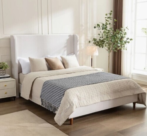 Harper King Size Tall Upholstered Bed Frame with 54" High Headboard, No Box Spring Needed, Easy Assembly, Elegant Simplicity, Ivory New in Box $699