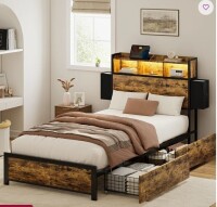 17 Stories Livia Twin Bed Frame with 2 Underbed Drawers, Modern Platform Bed with Charging Station & LED Light, Storage Headboard with 2 Bedside Drawers & Open Bookcase Shelves, Rustic Brown New in Box $699