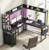 Wrought Studio Bianco L-Shaped Desk with Hutch & Power Outlet, Gaming Desk Corner Computer Desk with Led Lights New in Box $499