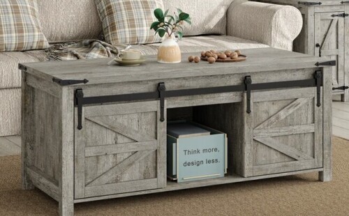 Gracie Oaks Jaquavion Coffee Table, Farmhouse Lift Top Coffee Table with Hidden Storage and Sliding Barn Door $399