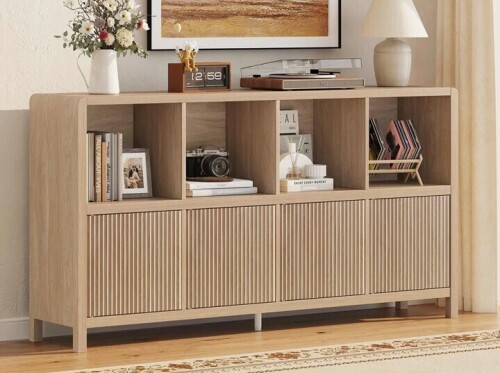 Latitude Run&reg; Guinna Farmhouse 8 Cube Bookshelf With 4 Doors, Wood Bookcase With Storage, Horizontal Cubby Organizer Shelf For Living Room, Office, Bedroom $399