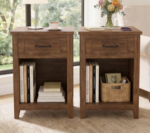 Latitude Run&reg; Set of 2 18'' Farmhouse Nightstand With Built-In Charging Station And USB-C Ports, Modern Two-Tone End Table In Walnut New In Box $299