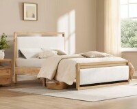 Spruce & Spring Liam White Wood Frame Queen Platform Bed Frame with USB Charging Port, Upholstered Headboard 16 Wooden Slats New in Box $699