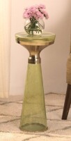 Albany Living Modern Decorative Round Drink Table with Glass Base and Top with Gold Metal Accent, Martini, Gold Pedestal Table, Tall Side Table, Small Space end Table, for Living Room & Bedroom, Green, Assembled New In Box $299